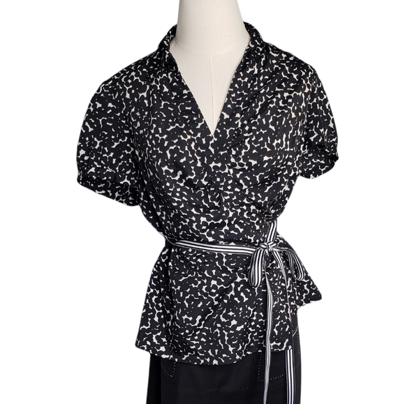 Ann Taylor Petites Genuine Wrap Blouse puffy cap sleeves grosgrain ribbon tie ♡ - Picture 5 of 10